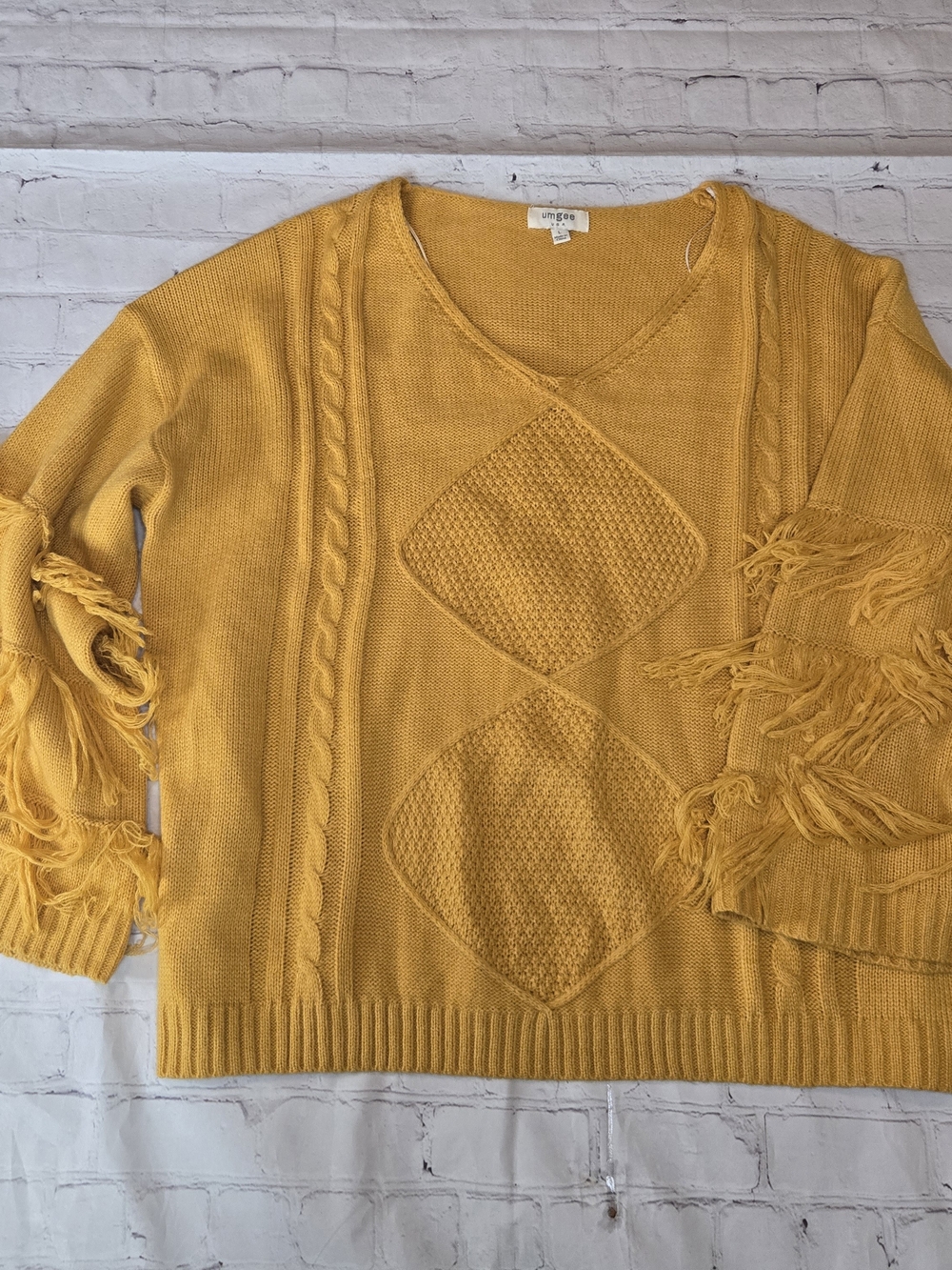 Umgee Mustard Yellow V-Neck Fringed Cable Knit Sweater